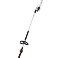 A long-handled, orange and silver gas-powered hedge trimmer with a black handle and protective grip, designed for trimming tall hedges and bushes. The cutting blades are positioned at the top end.