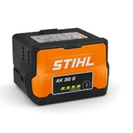 The Stihl AK 30S Battery features an orange and black casing with a battery indicator on the front, ensuring efficient power for your compatible Stihl tools.
