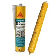 A tube and a sausage pack of Everbuild Hylfex 250 brown sealant, both featuring product labels and branding, supplied 12 per box, are used for facade joint sealing in construction.