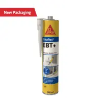 A 300ml tube of Everbuild Sikaflex EBT+ Black adhesive, sealant, and filler (12 per box, 511394), with a nozzle and updated yellow and white packaging featuring a “New Packaging” red label—quality you can trust.