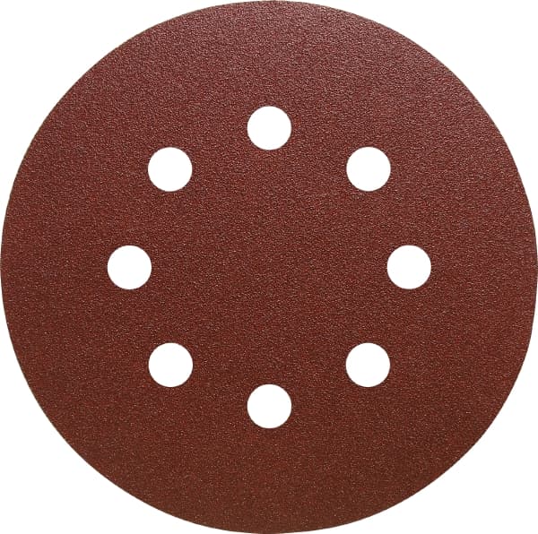 The 306507 PS22K 150mm Disc features 100 grit, a reddish-brown surface, and eight evenly spaced center holes; sold as GLS51 Hole50 per box—ideal for effective sanding tasks.