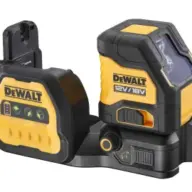 The DeWalt DCE088 NG18 Cross Line Green Beam Laser 12/18V Bare Unit in black and yellow offers precise leveling and alignment, with side control buttons and status indicators for easy operation.