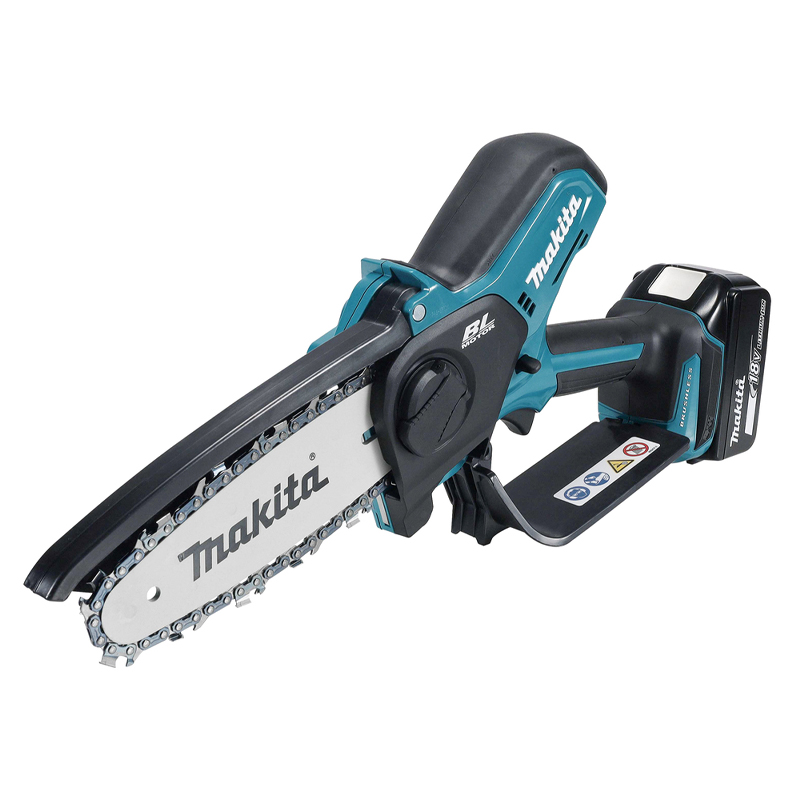 The Makita DUC150z Pruning Saw, Body Only, features a black and teal handle, silver cutting blade, and rear battery pack. The Makita brand appears on both the blade and handle.