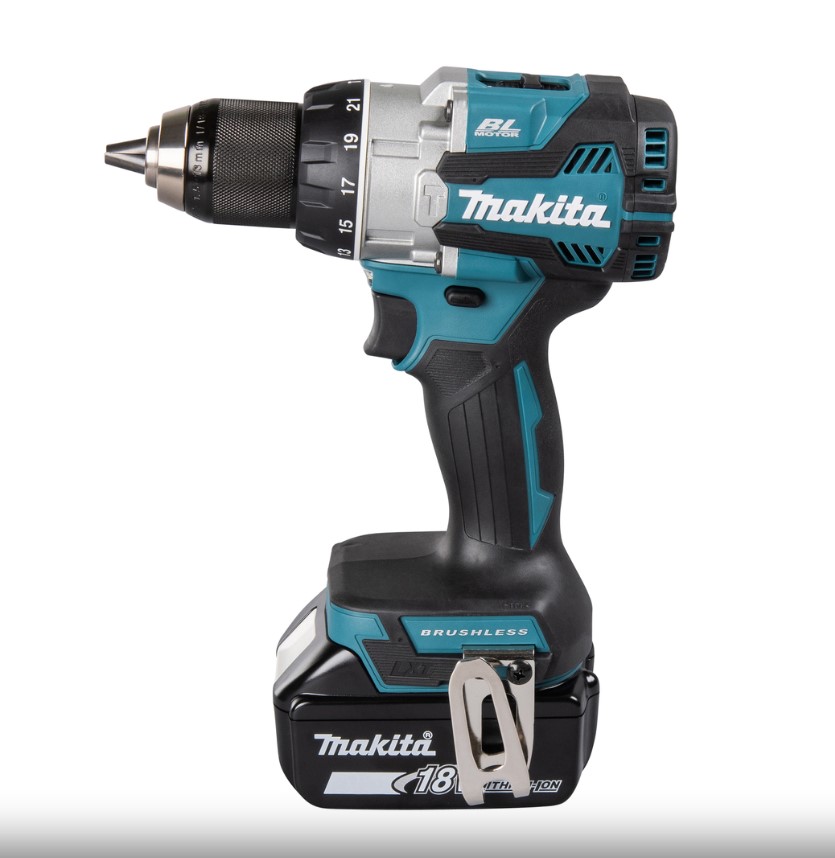 A Makita DHP489z Brushless Combi Drill, Body Only Unit, in blue and black with metal belt clip and 18V battery slot, stands upright on a white background.