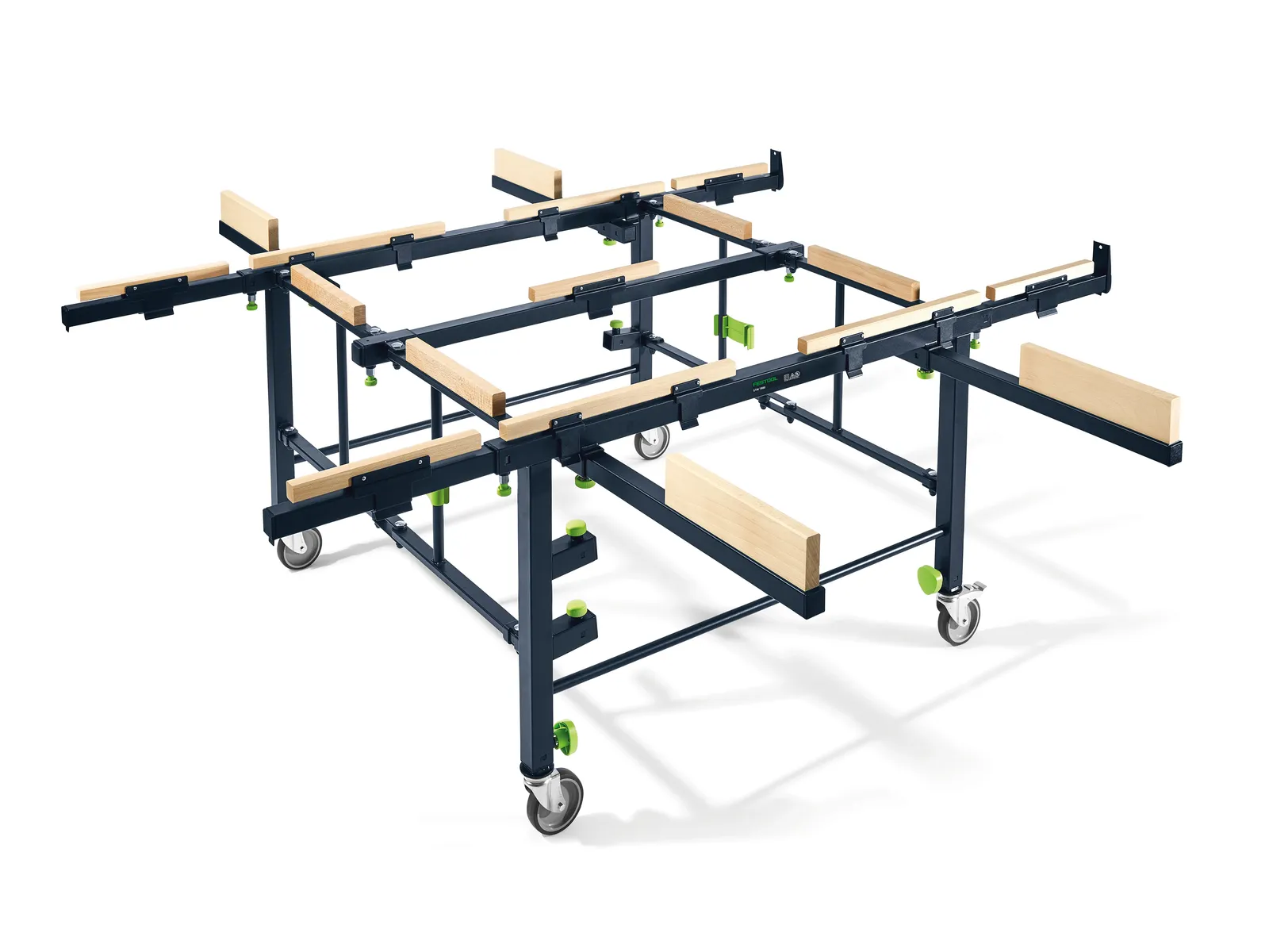 A portable, adjustable metal workbench frame with caster wheels and wooden beams, built for handling large panels during edge banding.