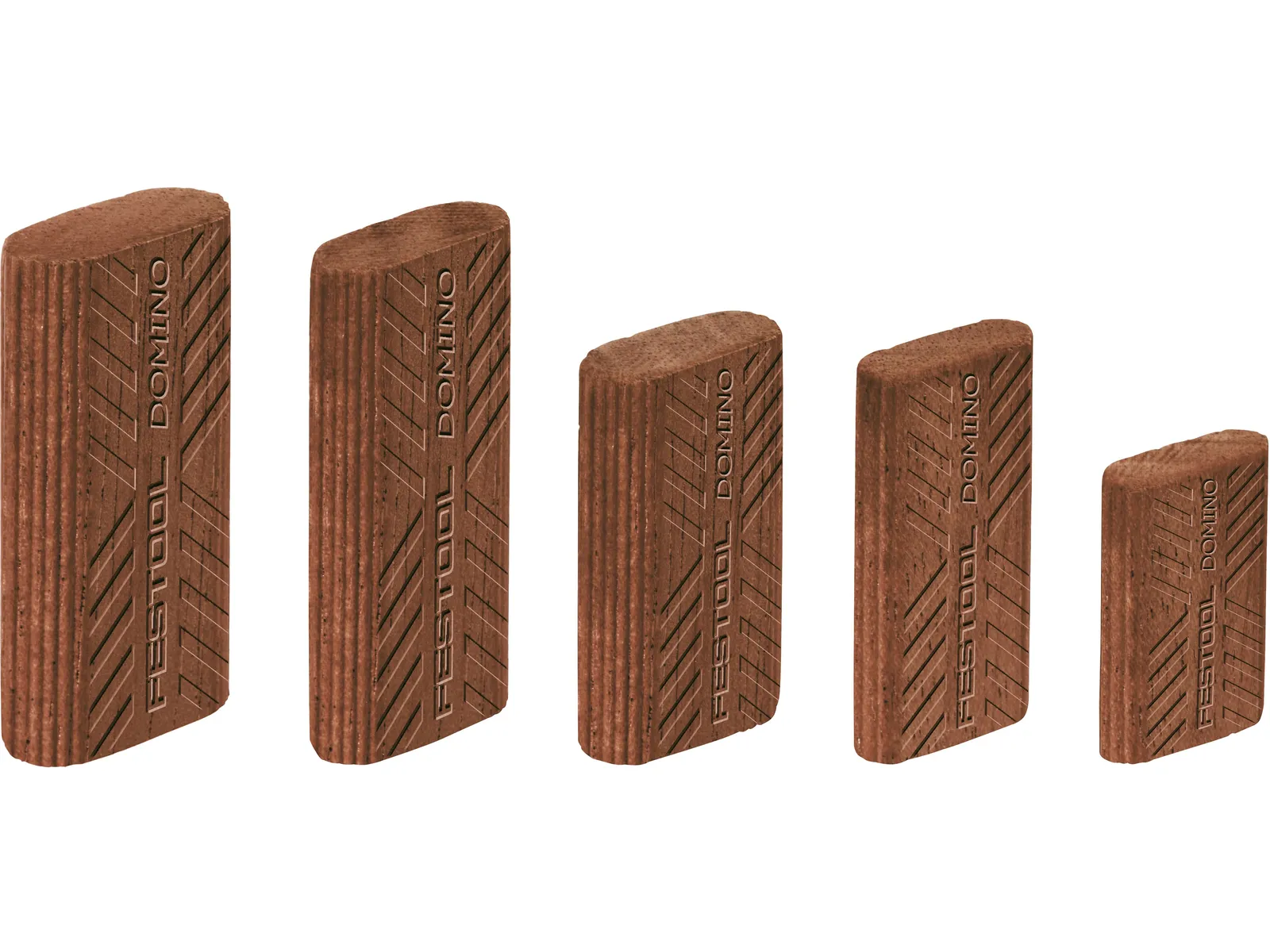 Five brown Festool 498214 10x80 Domino Beech tenons are lined up largest to smallest, each with textured surfaces.