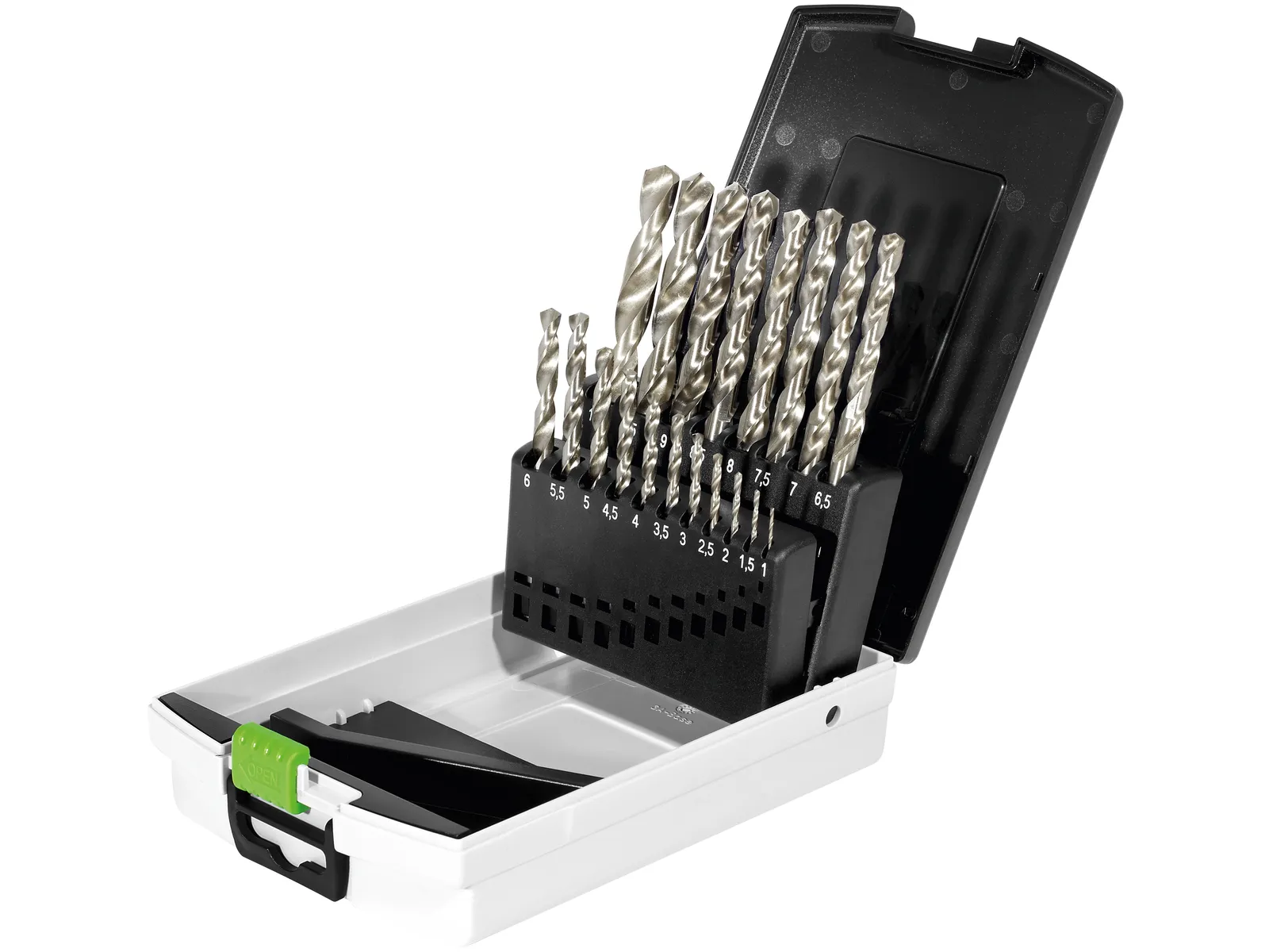 A white plastic case with a green latch holds 150 Festool 10x80 Domino beech tenons, its lid open to show neatly arranged tenons.