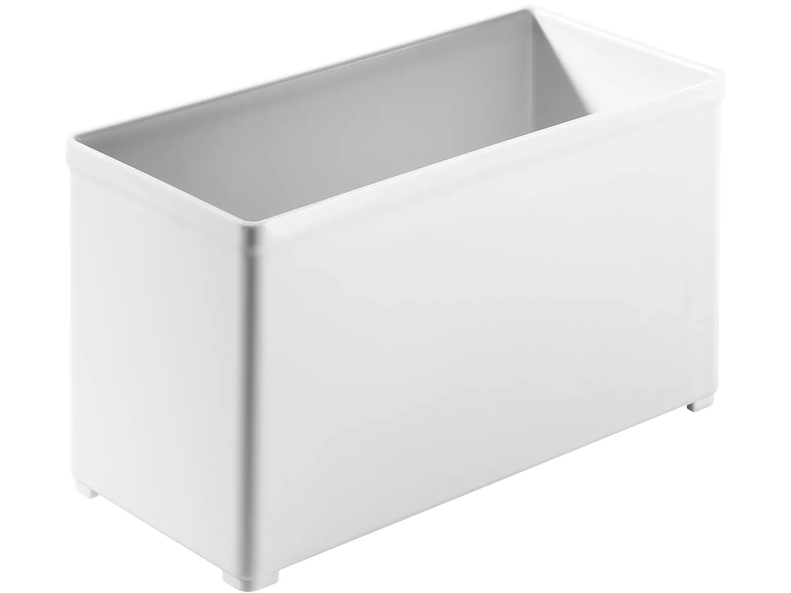 A plain white rectangular plastic container with rounded corners and small feet, photographed on a white background.