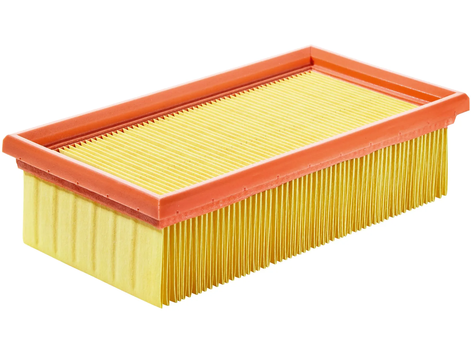 A rectangular automotive air filter with an orange rubber frame and pleated yellow material, crafted with high precision.