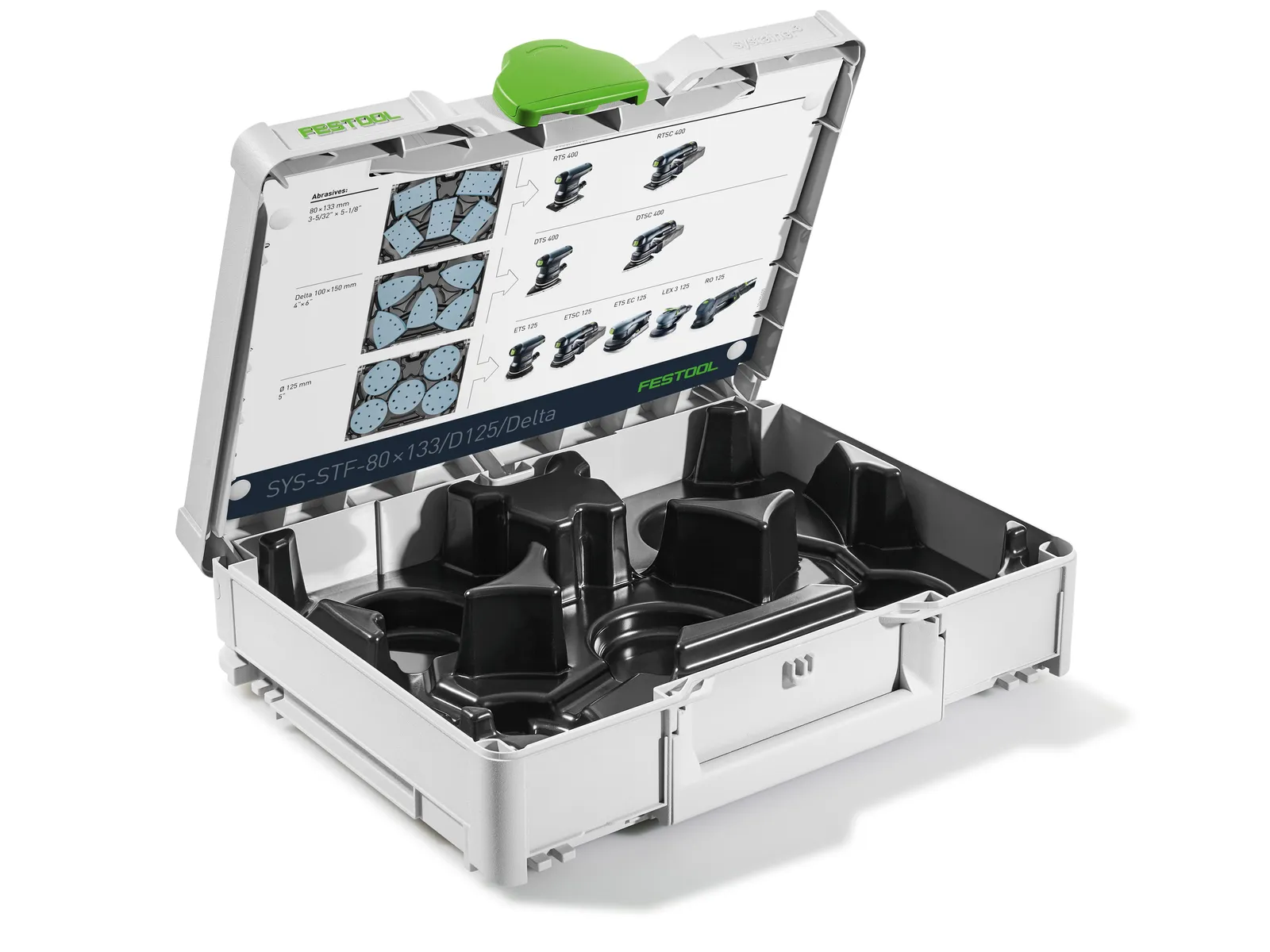 A gray plastic Festool storage case with a green latch is open, showing black molded compartments and a label inside the lid.
