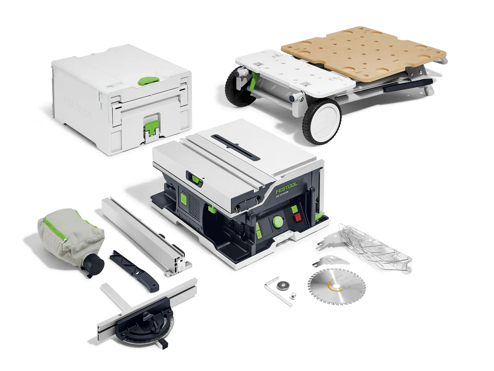 The Festool 577837 KA 65-Plus Edge Bander and accessories are neatly arranged on a white background.