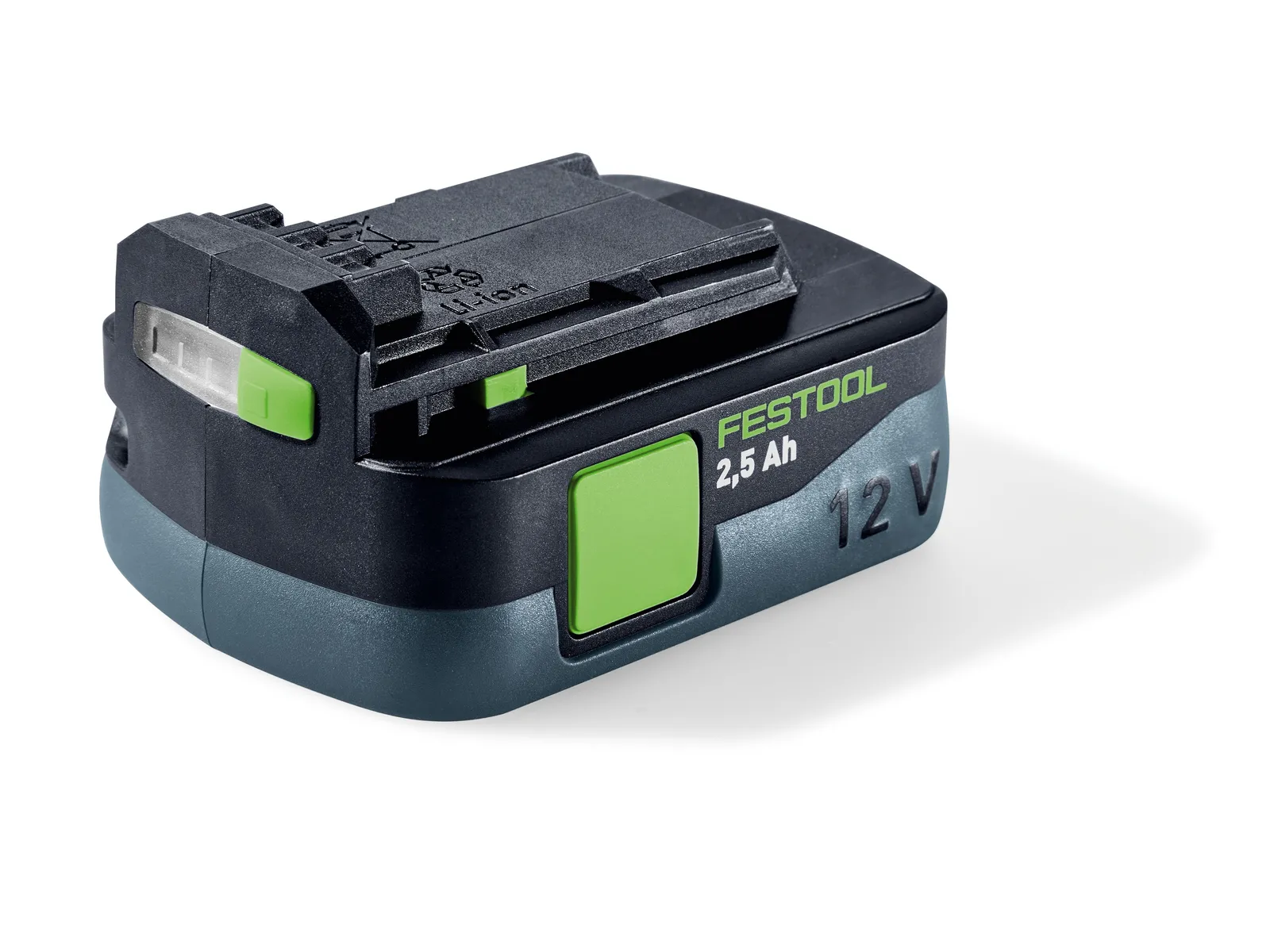 A black and green Festool 12V 2.5Ah rechargeable battery pack, showing logo and specs, fits Festool 498214 10x80 Domino, Beech.