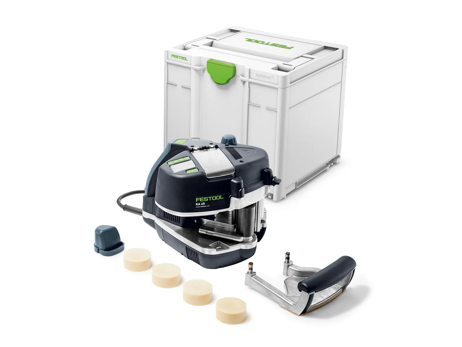 The Festool 577837 KA 65-Plus Edge Bander with gray and green body, glue sticks, accessories, and white case on white background.