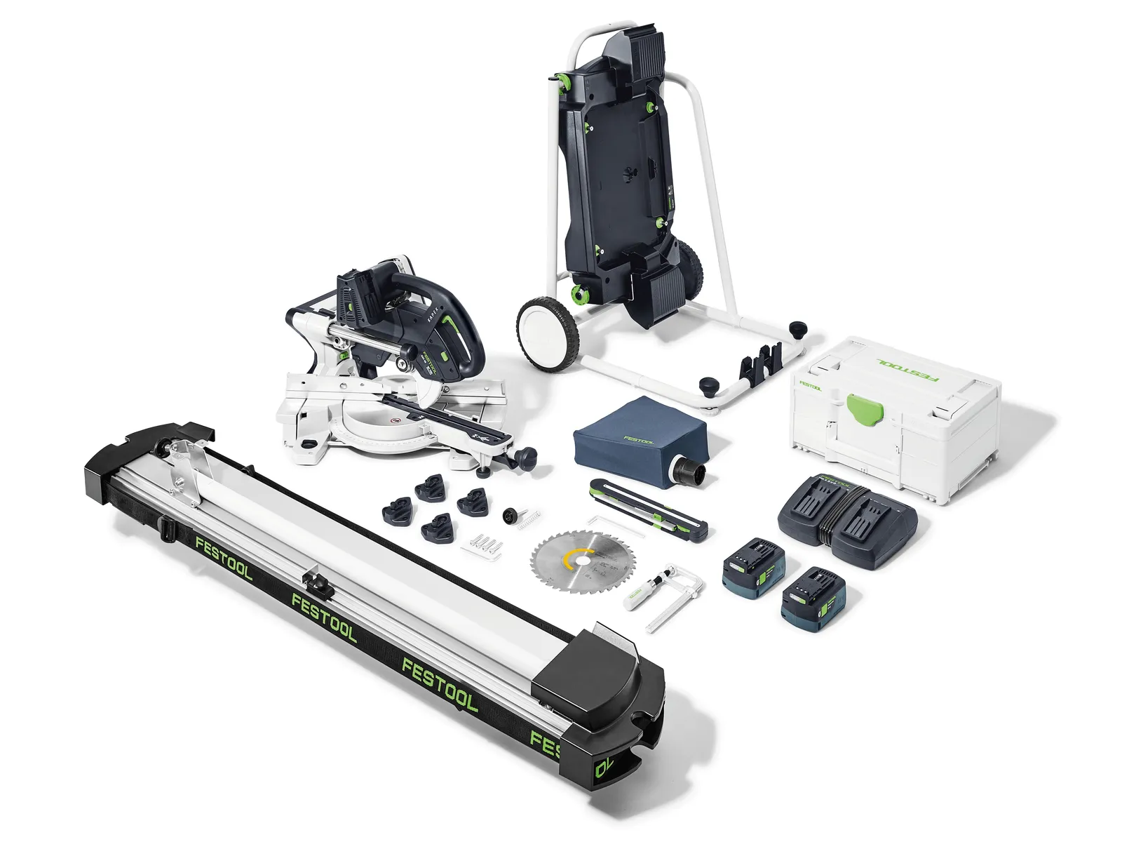 A Festool miter saw kit with stand, rails, batteries, charger, blade, clamps, remote, and case on a white background.
