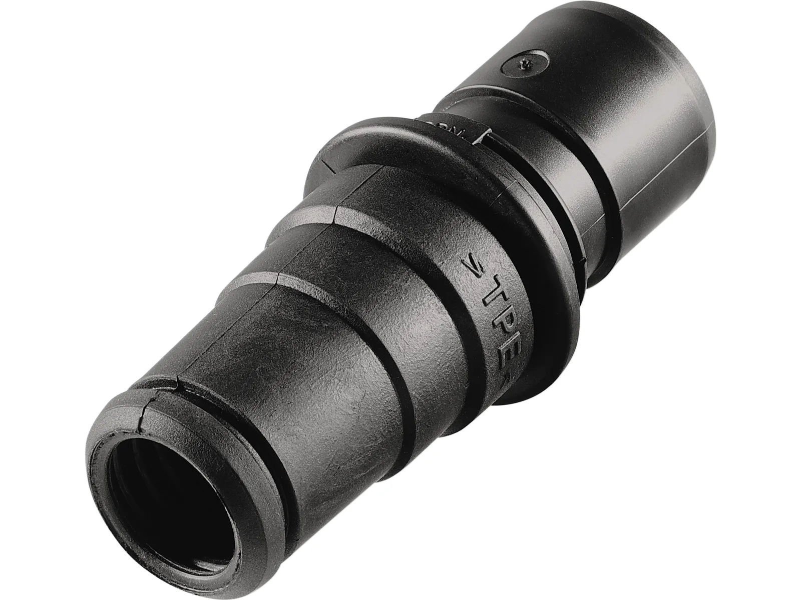 A black cylindrical industrial connector with grooved sides and a locking mechanism for secure audio or electronic cable connections.