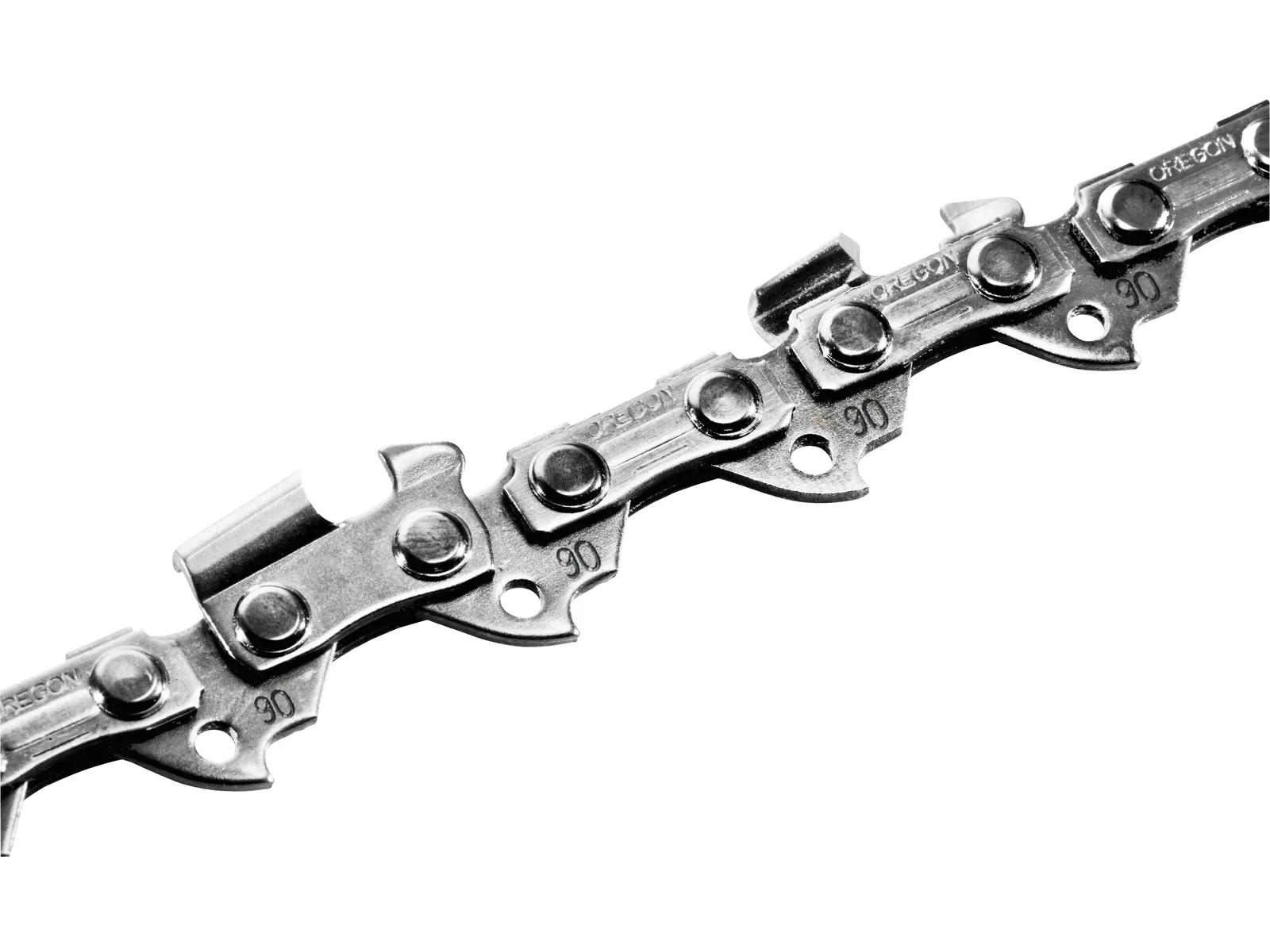Close-up view of a metal chainsaw chain on a white background, showing sharp cutting teeth and rivets for precise woodworking.