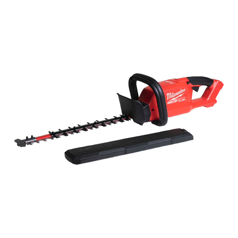 A red and black cordless hedge trimmer with a blade cover sits next to a Milwaukee 8in1 ratcheting screwdriver.