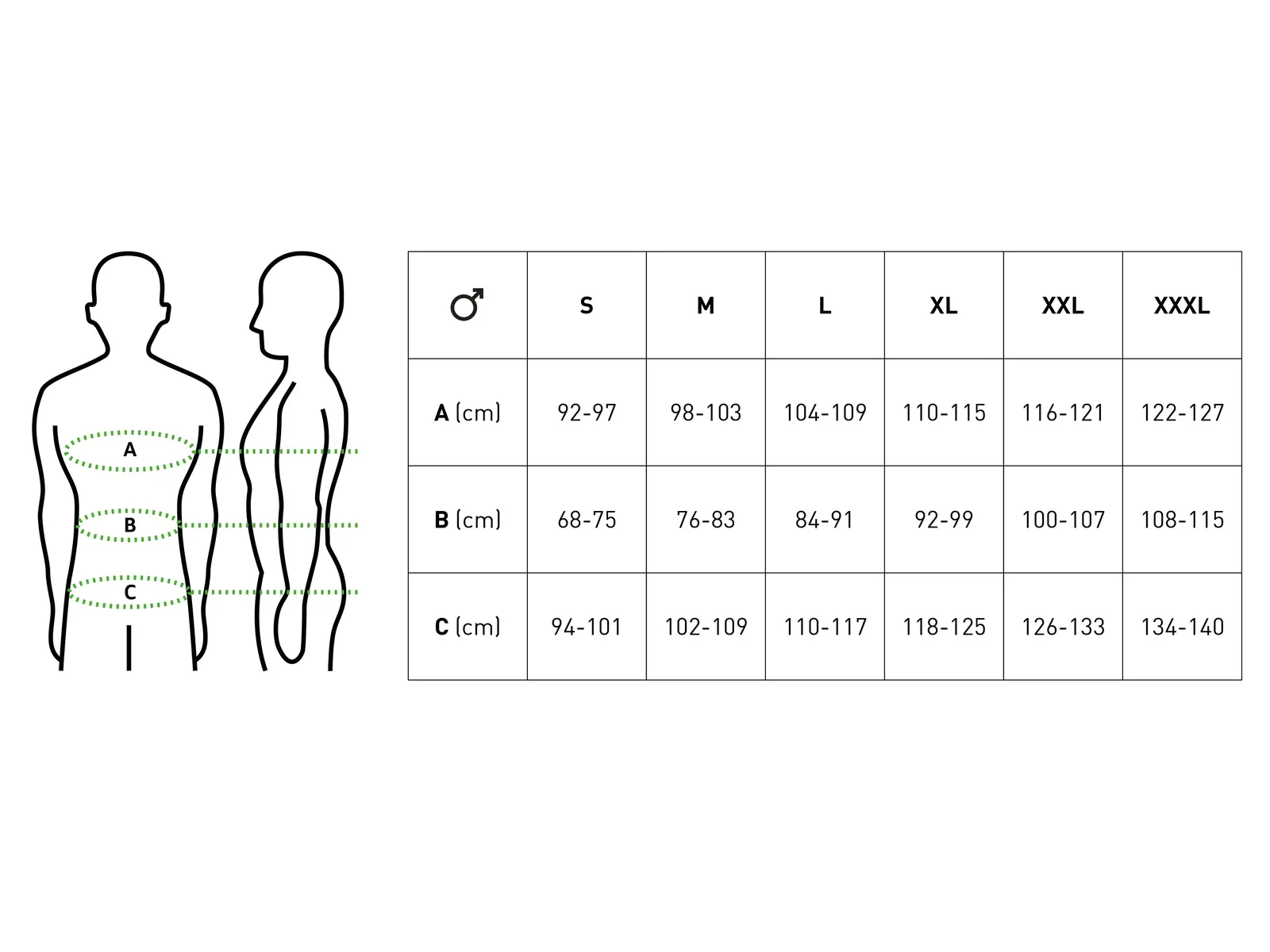 Illustration of male and female silhouettes marked at chest, waist, hips, with a size chart for mens clothing S to XXXL in centimeters.