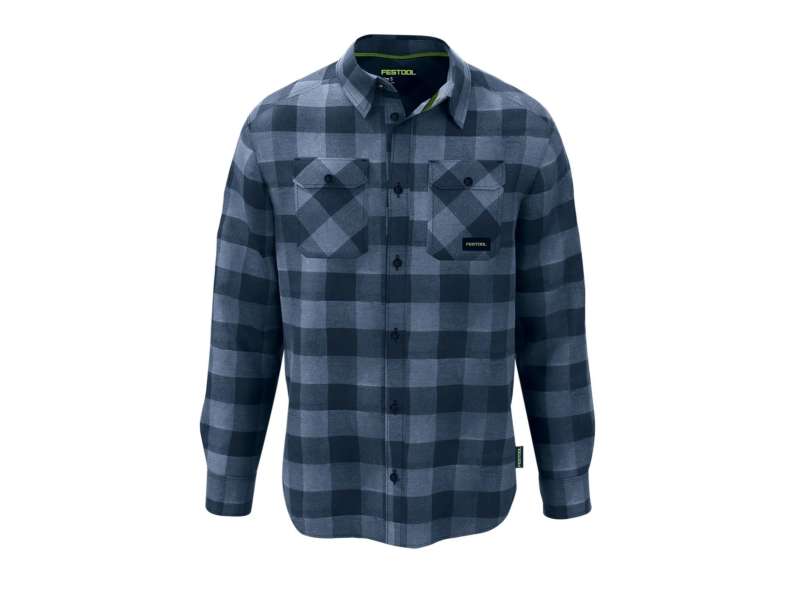 A long-sleeve button-up shirt with a blue and black plaid pattern, two chest pockets with flaps and buttons, and a small logo tag.