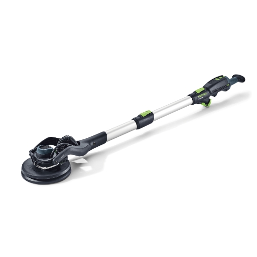 The Festool 576637 Long-reach sander has a telescopic handle, black sanding head, and green accents for sanding walls or ceilings.
