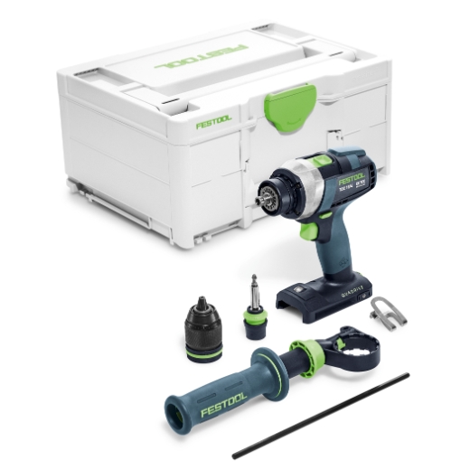 The TDC18/4 I-BASIC set includes a cordless drill, storage case, handle, chuck, bit holder, clip, hex key, and accessories.