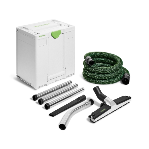A white storage case, coiled green hose, three straight metal tubes, two nozzles, and a vacuum floor tool on a white background.