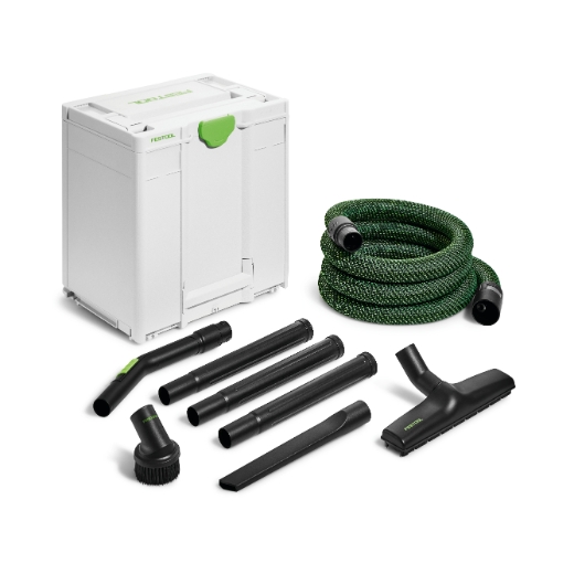 The Cleaning set RS-HW D 36-Plus includes a white storage box, a coiled green hose, and six nozzle and brush attachments in front.