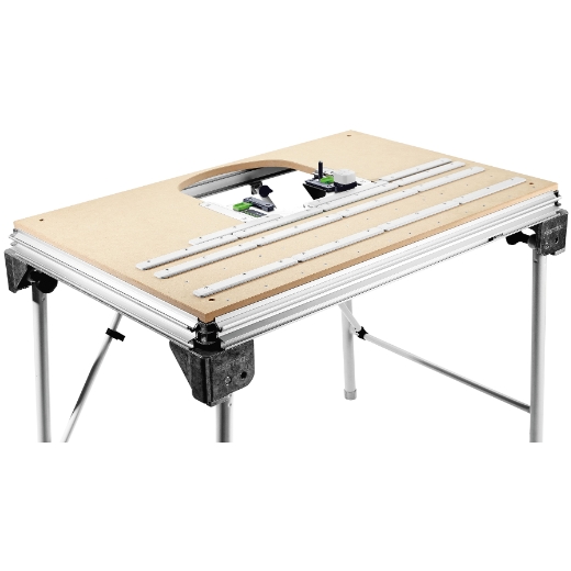 The Perforated top LP-KA65 MFT/3 is a portable workbench with holes, metal legs, and rails for precise cutting and woodworking.