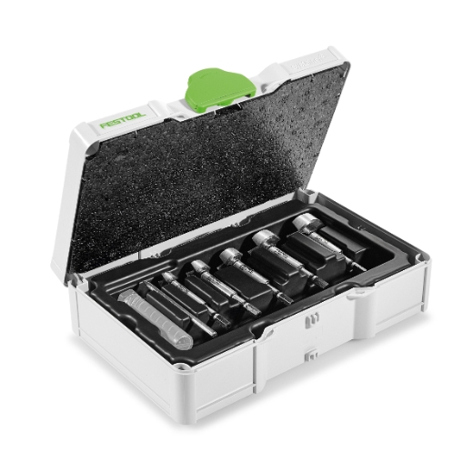 A white Festool Forstner Drill Bit Set case with a green latch opens to reveal metal bits organized in black foam slots.