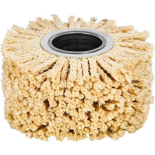 A close-up of a Rustilon BG 80 cylindrical buffing wheel with dense cream bristles and a metal center hole for polishing surfaces.