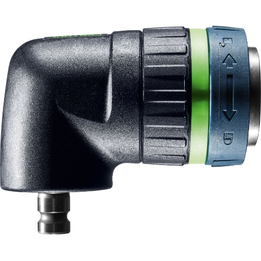 A close-up of the Angle attachment AN-UNI with a black body, green and blue accents, and a metal connector on a white background.