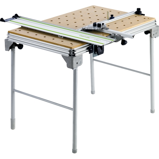 The Festool 495315 Multifunction Table MFT/3 has a perforated wood top, metal legs, and is compatible with Festool accessories.