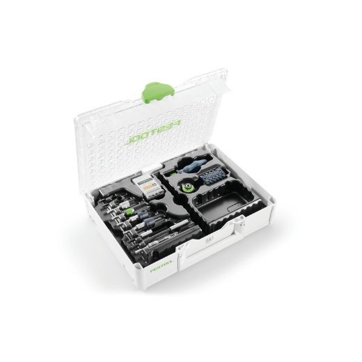 An open white Festool 576804 Assembly Package SYS3 M 89 ORG CE-SORT holds a variety of tools and accessories—including screwdrivers, drill bits, and attachments—all neatly organized in fitted compartments.