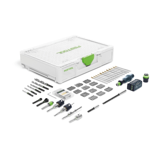A Festool 576804 Assembly Package SYS3 M 89 ORG CE-SORT tool case in white with a green handle is open, showing neatly organized drill bits, driver bits, screwdrivers, and accessories arranged in front.