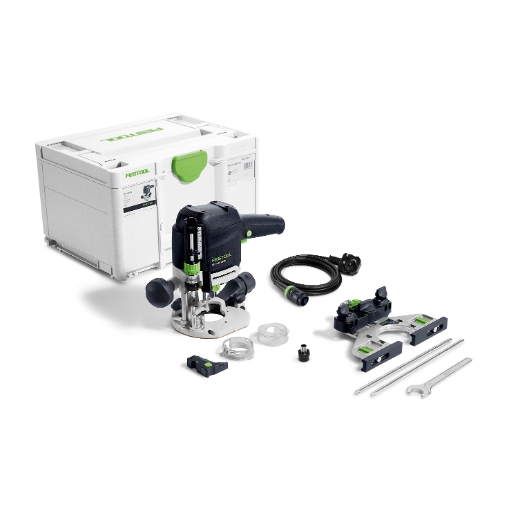 The Festool 578004 Router OF 1010 REBQ-Plus 230V GB kit with accessories and case, displayed on a white background.