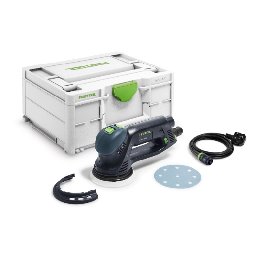 A Festool 576033 Geared Eccentric Sander RO 125 FEQ-Plus kit with case, cord, sanding pad, sandpaper, and attachment on white.