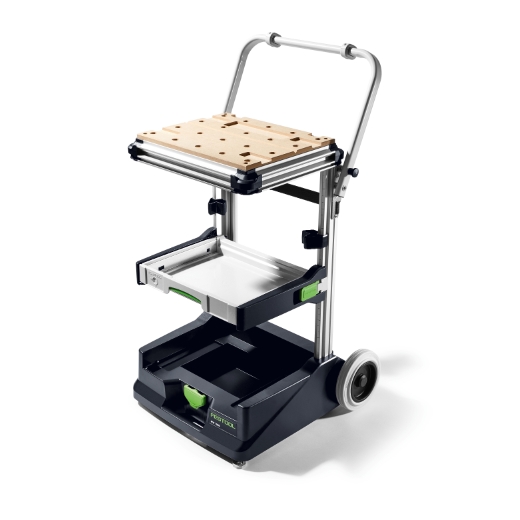 The Festool 203454 Mobile Workshop MW 1000 Basic is a cart with two wheels, wood work surface, slide-out tray, and compartments.