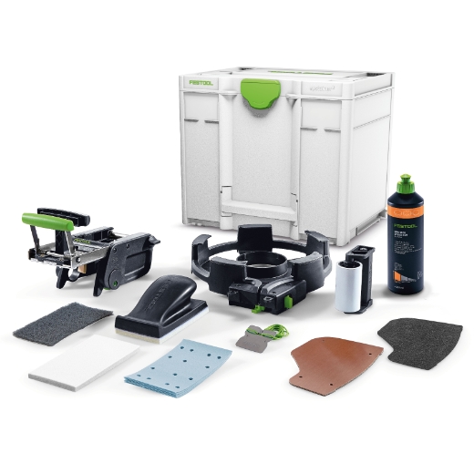 The Festool 576834 Edge Trimming Set includes a white SYS3 box, sanding pads, block, attachments, a liquid bottle, and accessories.