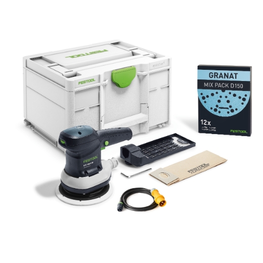 The Festool 576085 sander kit includes dust bag, power cord, discs, cleaning tool, and white case with green accents on white background.