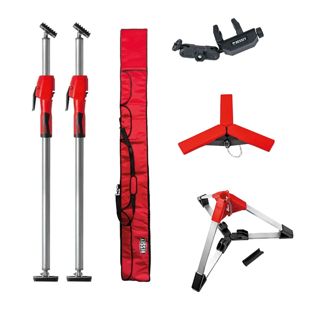 The Bessey STE300SET set includes red and silver adjustable poles, a tall red case, black clamp, red base, and folded tripod.