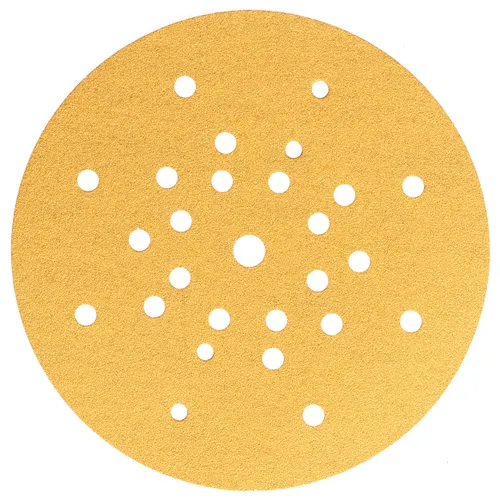 The Mirka Gold 225mm 27H Disc P180 is a round, golden sandpaper disc with 27 holes arranged in a circular pattern.