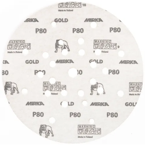 Mirka Gold 225mm 27H Disc P180 sandpaper sheet with warning symbols and a bulldog icon on a plain white background.