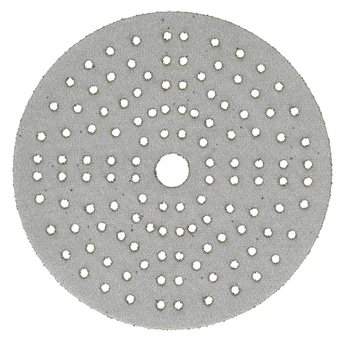 A gray Mirka Iridium Ø150 mm Grip sanding disc, P120 grit, featuring 121 holes in concentric circles and a central hole.