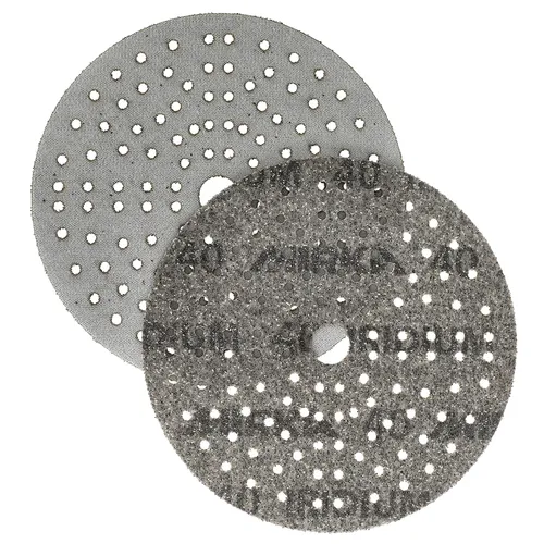 Two Mirka Iridium Ø 150 mm Grip 121 Holes, P120 sanding discs overlap, showing their textured surfaces and marked grits.