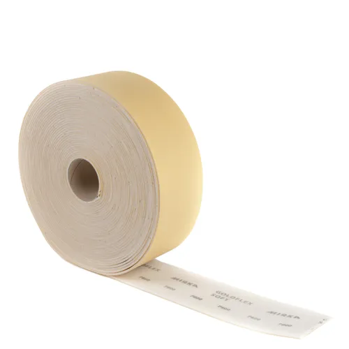 A Mirka Goldflex Soft 115 x 125 mm perforated roll, P320 200PC adhesive tape partially unrolled, showing yellow backing.