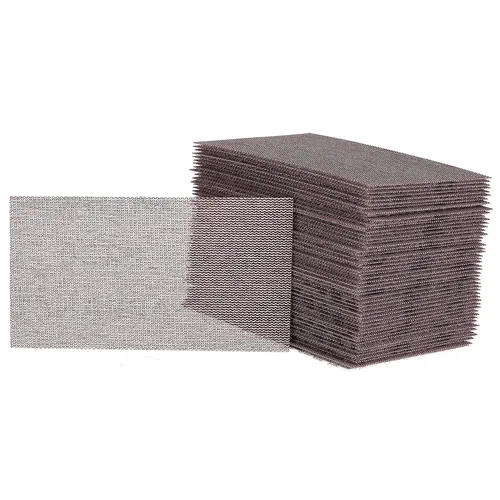 A stack of 70 x 125 mm Grip 80 Grit sanding screens sits neatly, with one upright to display its mesh texture and grip.