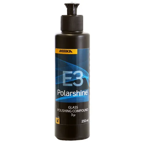 A 1L black bottle of Mitka Polarshine E3 Glass Polishing Compound with a flip-top cap and blue label.