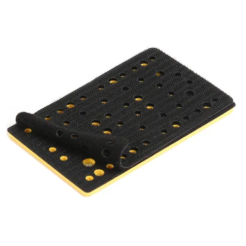 Rectangular black Mirka Pad Saver with round holes, textured surface, and curled corner revealing yellow underside; pack of 5.