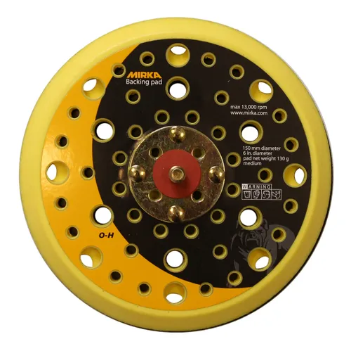 The Mirka Backing Pad Net Ø 150 mm 5/16", 48H Med is a yellow and black sanding pad with multiple holes and a metal center.