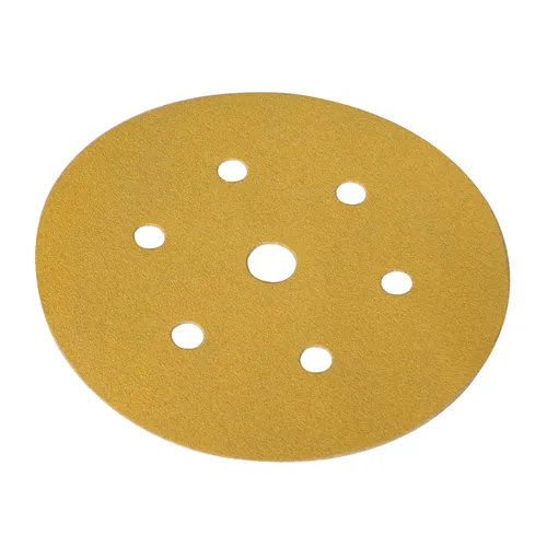 The Mirka Sandy 150mm 7H P120 sandpaper disc has seven holes and P120 grit, suitable for power sanders. Sold in boxes of 100.
